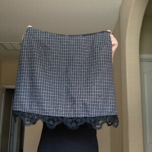 Topshop Black and Gray Plaid Wool Blend Mini Skirt with Lace Trim